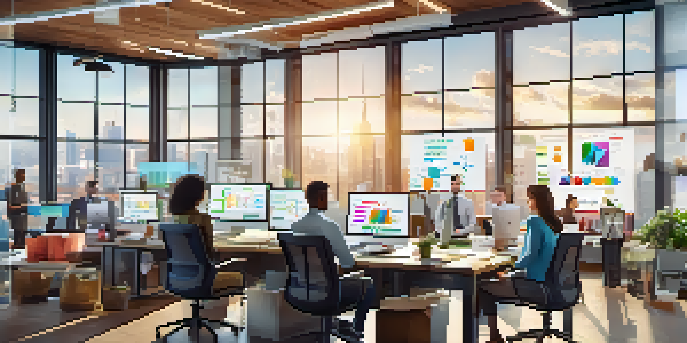 A diverse team of professionals working together in a modern office, using laptops and a large screen to collaborate on a project.
