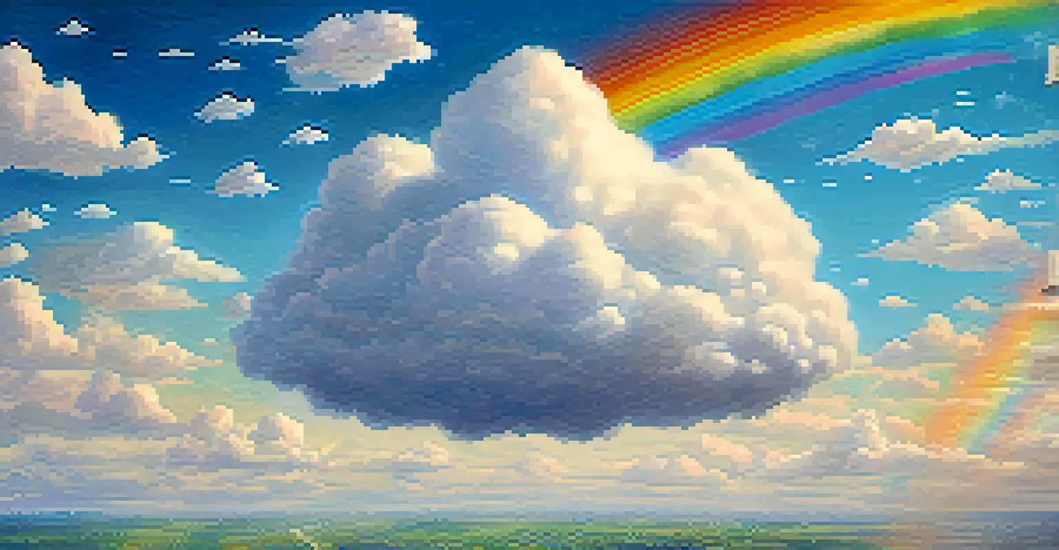 A picturesque cloud storage scene with floating file icons in a bright blue sky and fluffy clouds.