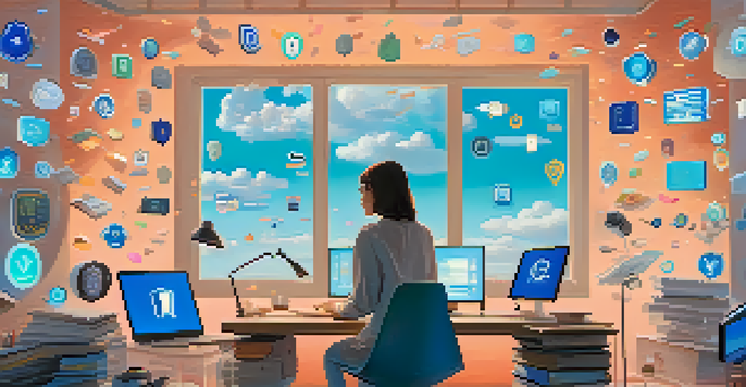 A person at a desk with floating icons representing data privacy, in a peaceful digital landscape with soft colors and warm lighting.
