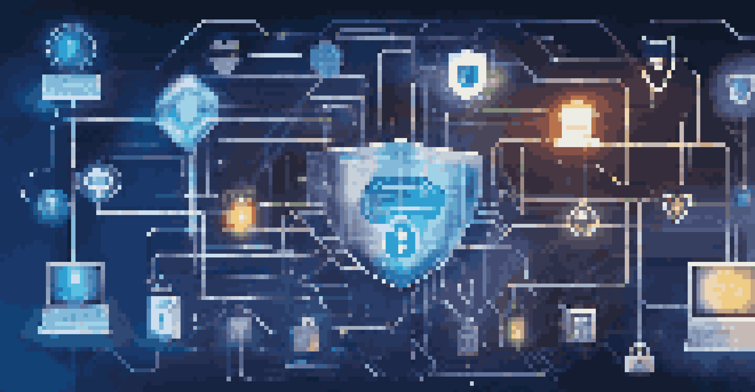 An abstract illustration of data security in IoT, with devices interconnected by glowing lines against a deep blue background.