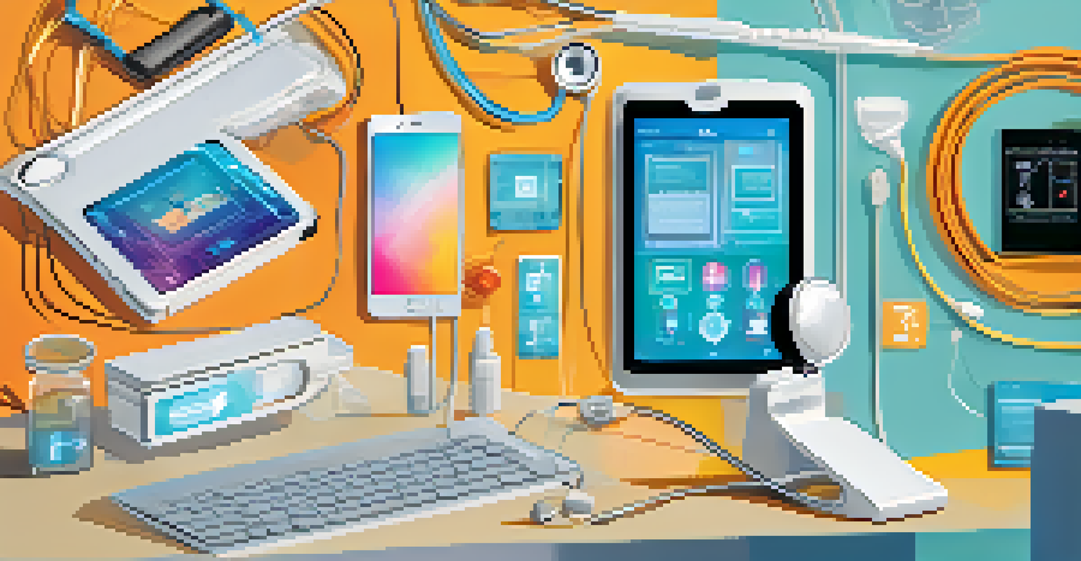 A collage of telemedicine technologies, including wearable devices, a smartphone, and a tablet, set against a bright modern background.