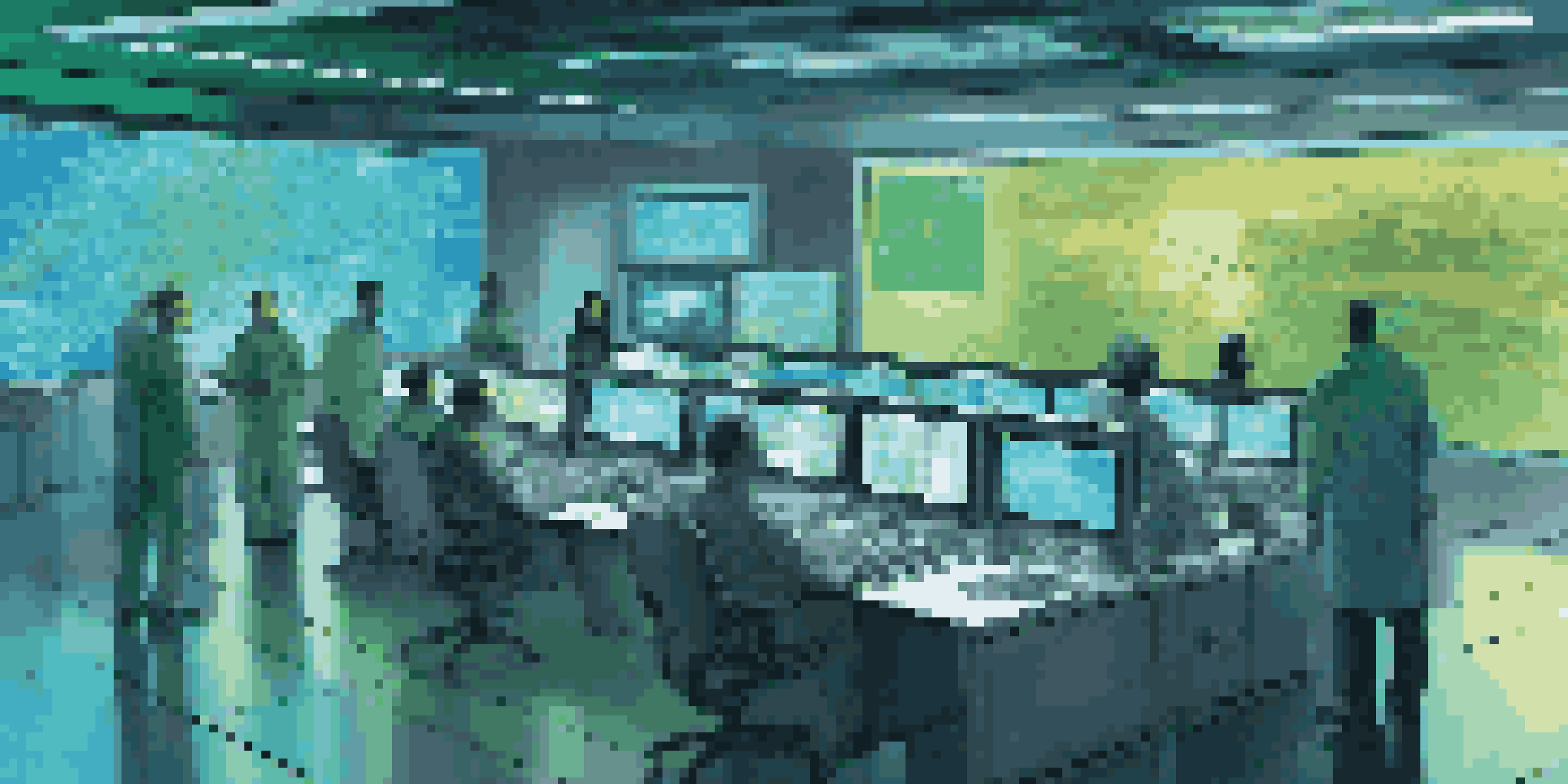 A futuristic control room with scientists discussing quantum computing algorithms and disaster management simulations on a large digital screen.