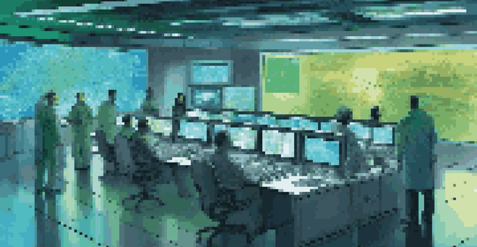 A futuristic control room with scientists discussing quantum computing algorithms and disaster management simulations on a large digital screen.