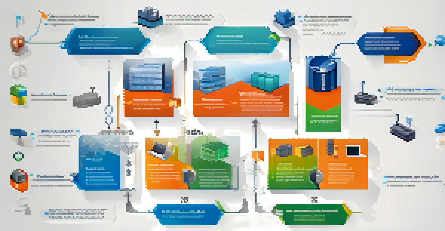 An infographic depicting the stages of a supply chain process with icons and arrows in a cohesive color scheme.
