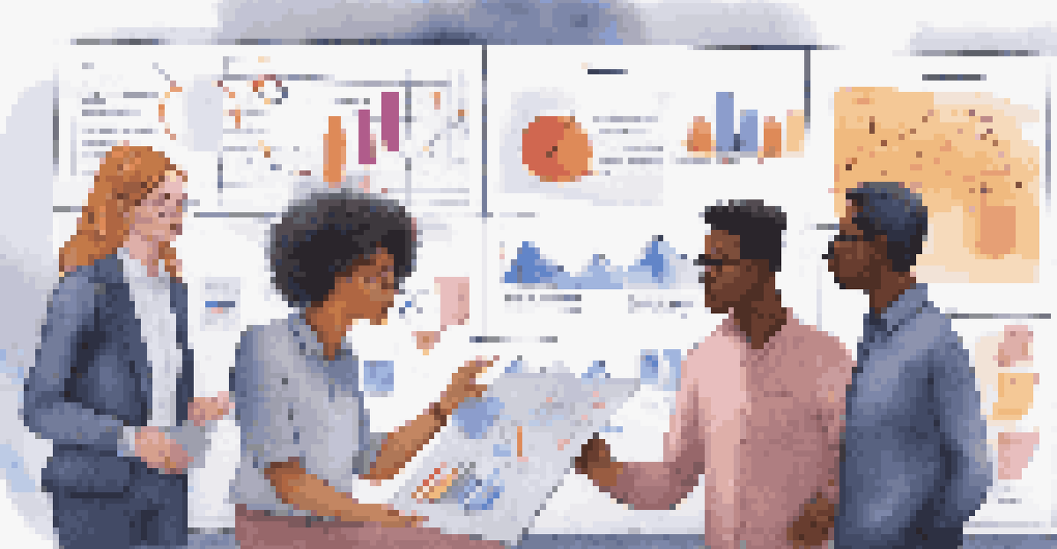 A diverse team collaborating around a screen displaying analytics and feedback graphs during a brainstorming session.