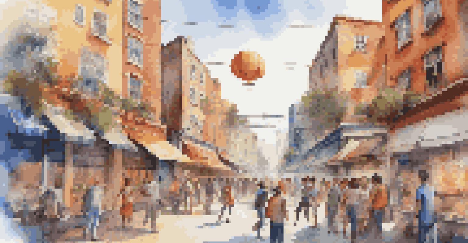 Learners in a vibrant city landscape engaged in a gamified virtual reality language learning mission, interacting with characters and completing tasks.