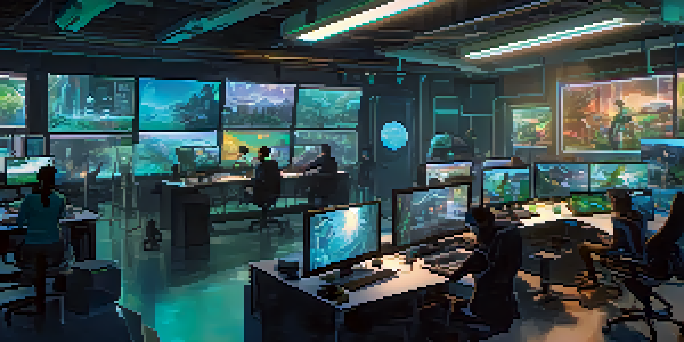 A vibrant game development studio with developers collaborating around a table, surrounded by high-tech equipment and screens displaying AI-generated graphics.