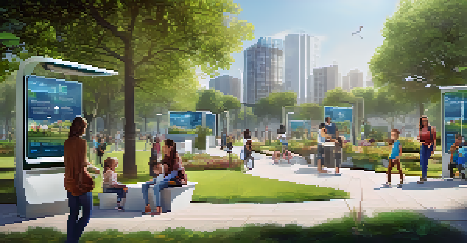 A vibrant community park with people using digital kiosks for voting, surrounded by families and sustainable design features.