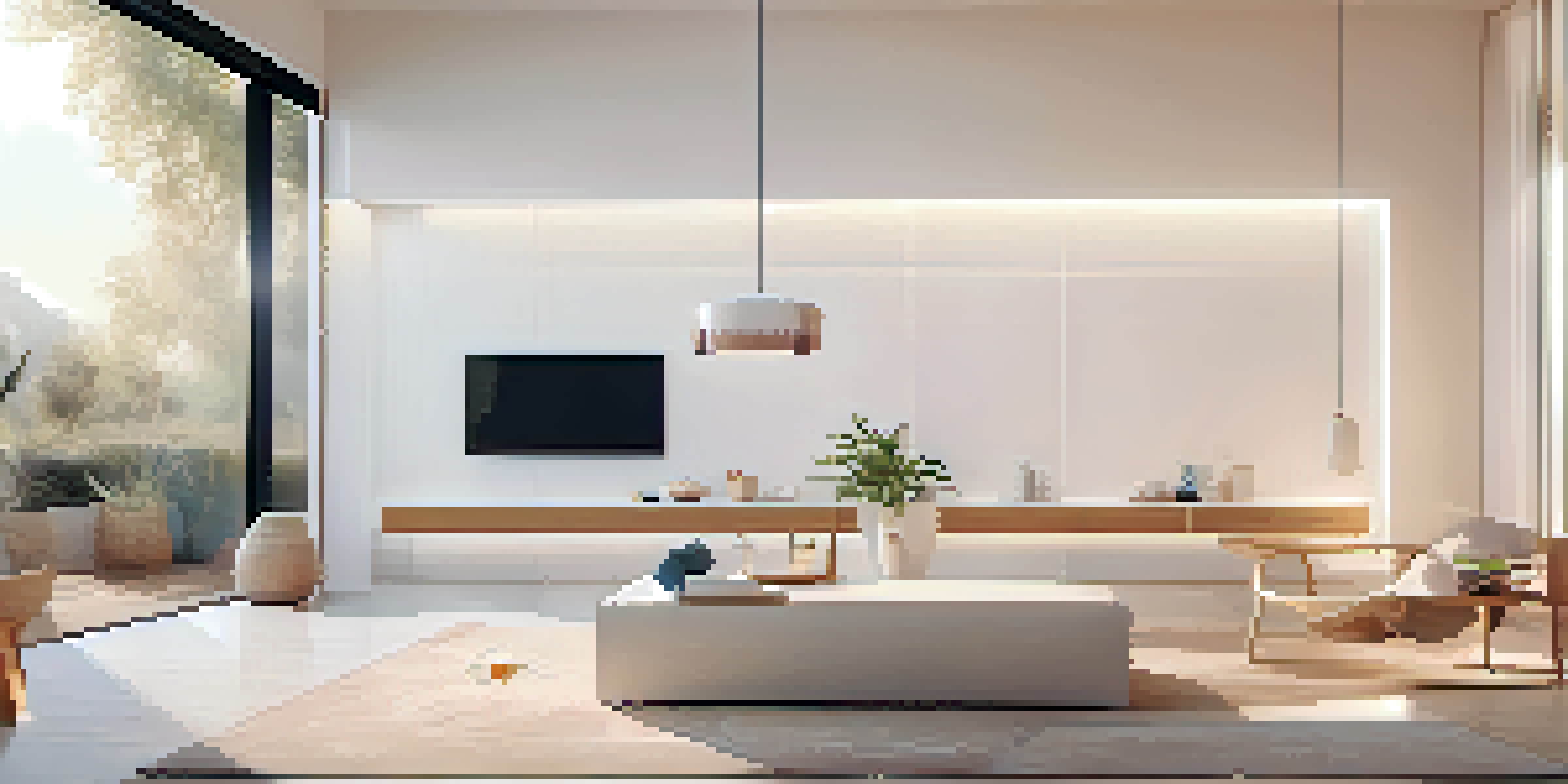 A cozy modern smart home interior with interconnected devices including a smart thermostat and lights, featuring warm lighting and a minimalist design.
