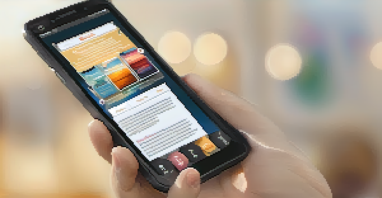 A close-up of a smartphone held in a hand, showing a responsive website design with readable text and accessible buttons. The background is a textured surface with warm lighting.