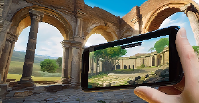 A traveler engaging with augmented reality at a historical site, viewing a digital reconstruction of a crumbling wall with bright animations.
