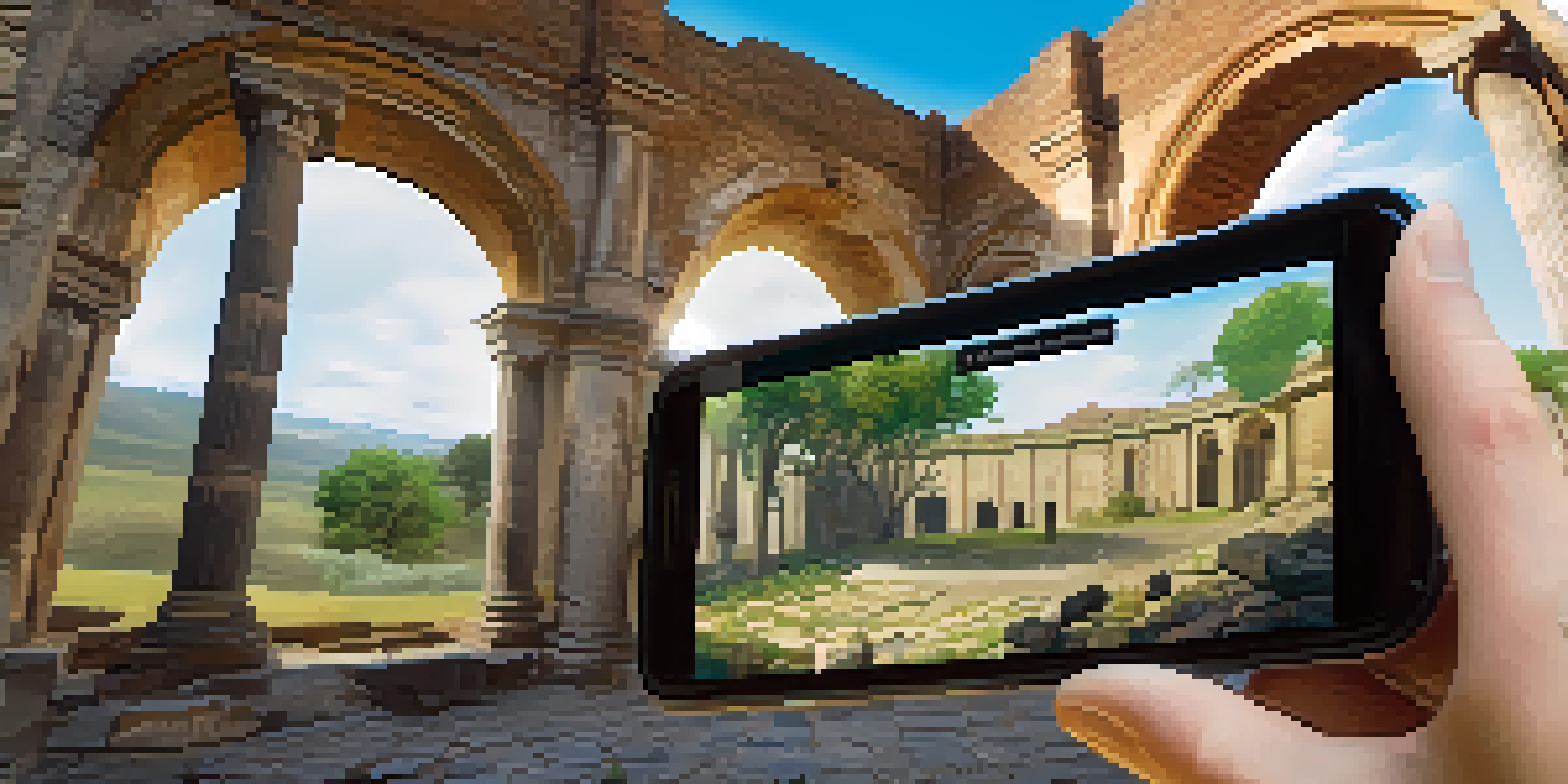 A traveler engaging with augmented reality at a historical site, viewing a digital reconstruction of a crumbling wall with bright animations.