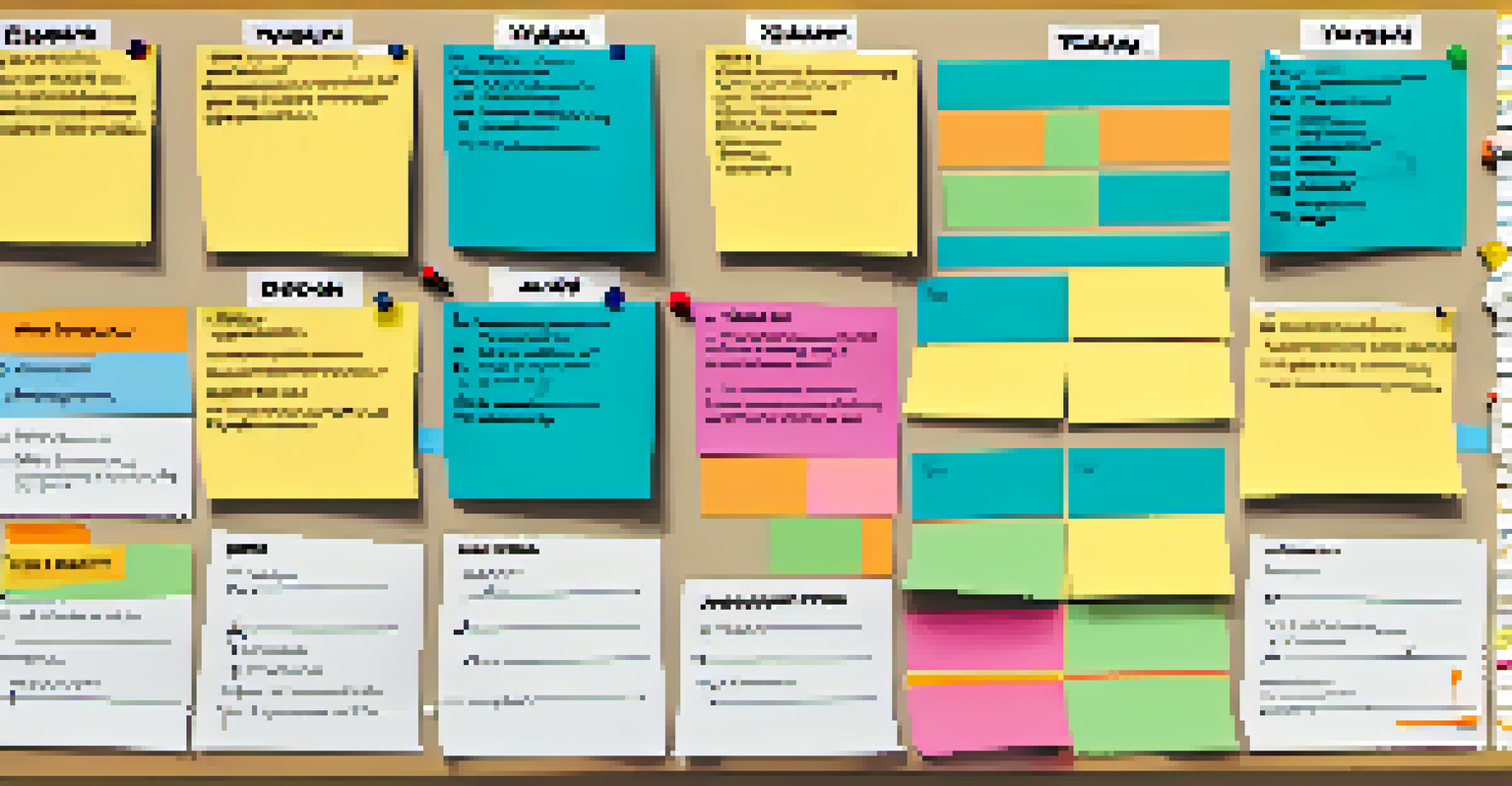 A close-up of a Kanban board with colorful sticky notes representing task workflows in an Agile team.