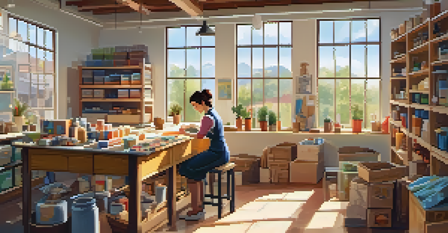 A small business owner packaging handmade products in a colorful workshop filled with materials and tools.