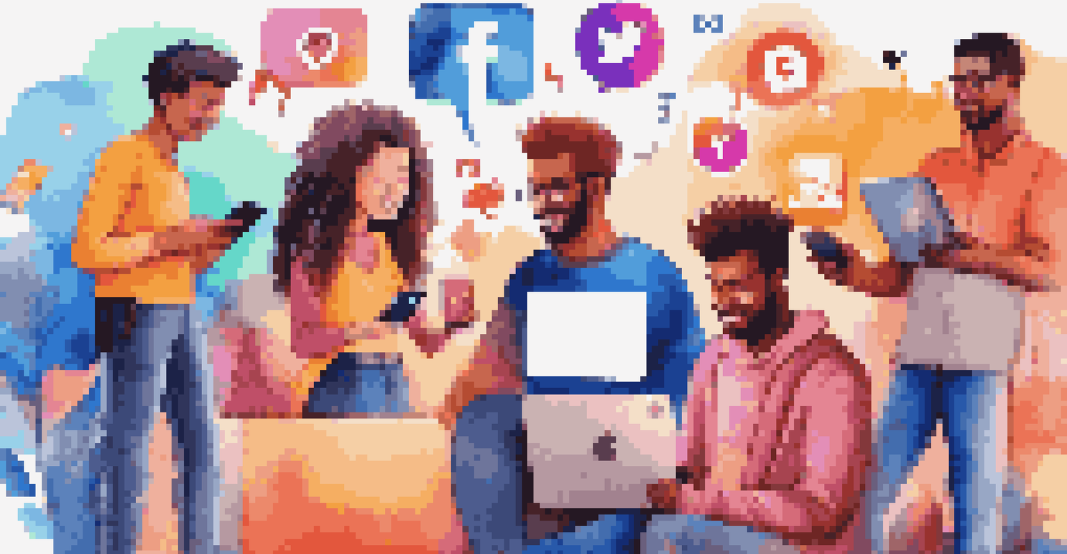 A diverse group of people interacting with social media on devices, with colorful icons showing engagement reactions against a vibrant background.