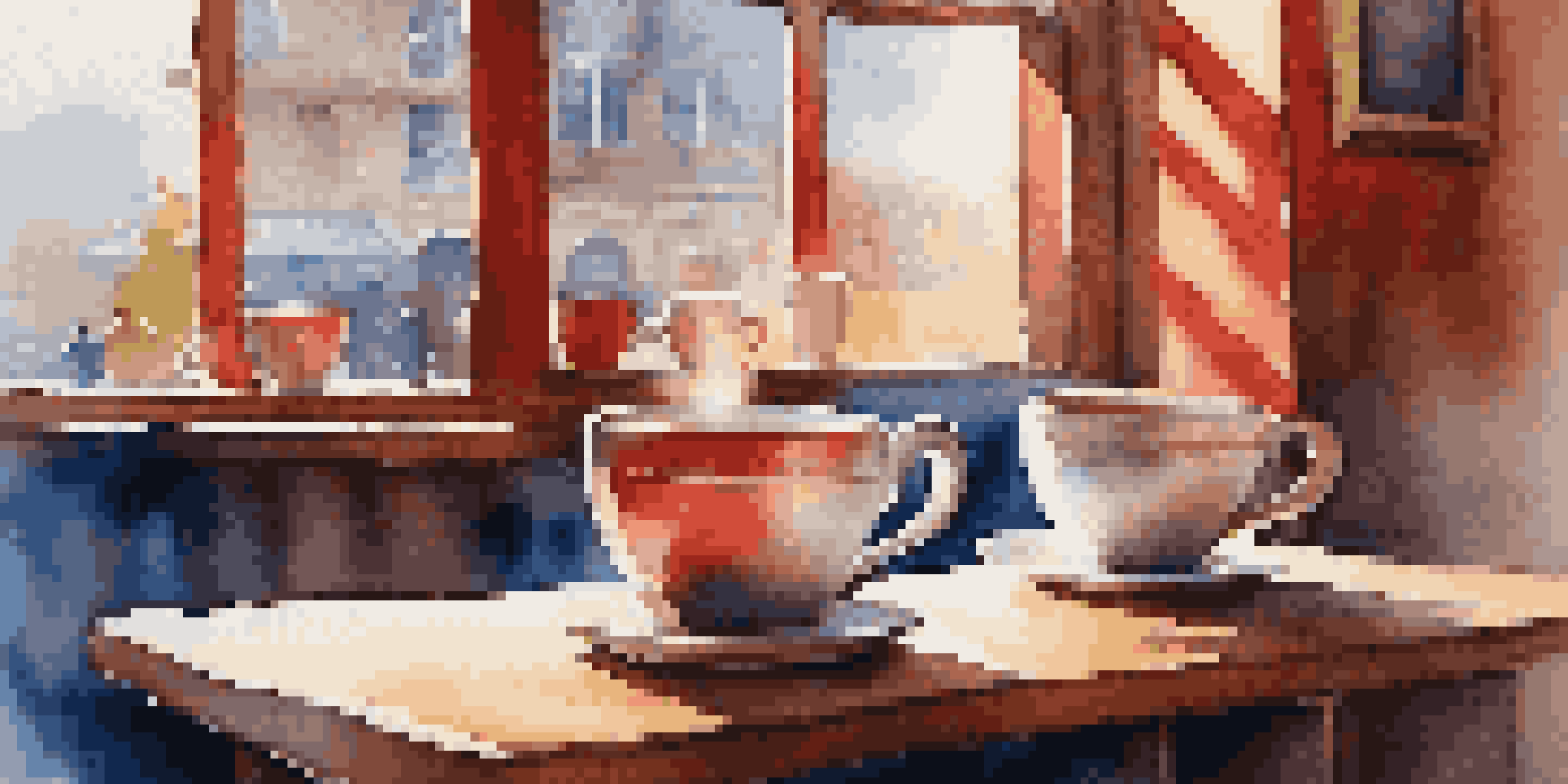 A cozy café with two cups of coffee on a wooden table, one red and one blue, with sunlight streaming in.