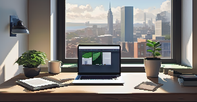 A modern workspace with a laptop, notebooks, coffee cup, and plant, illuminated by natural light.