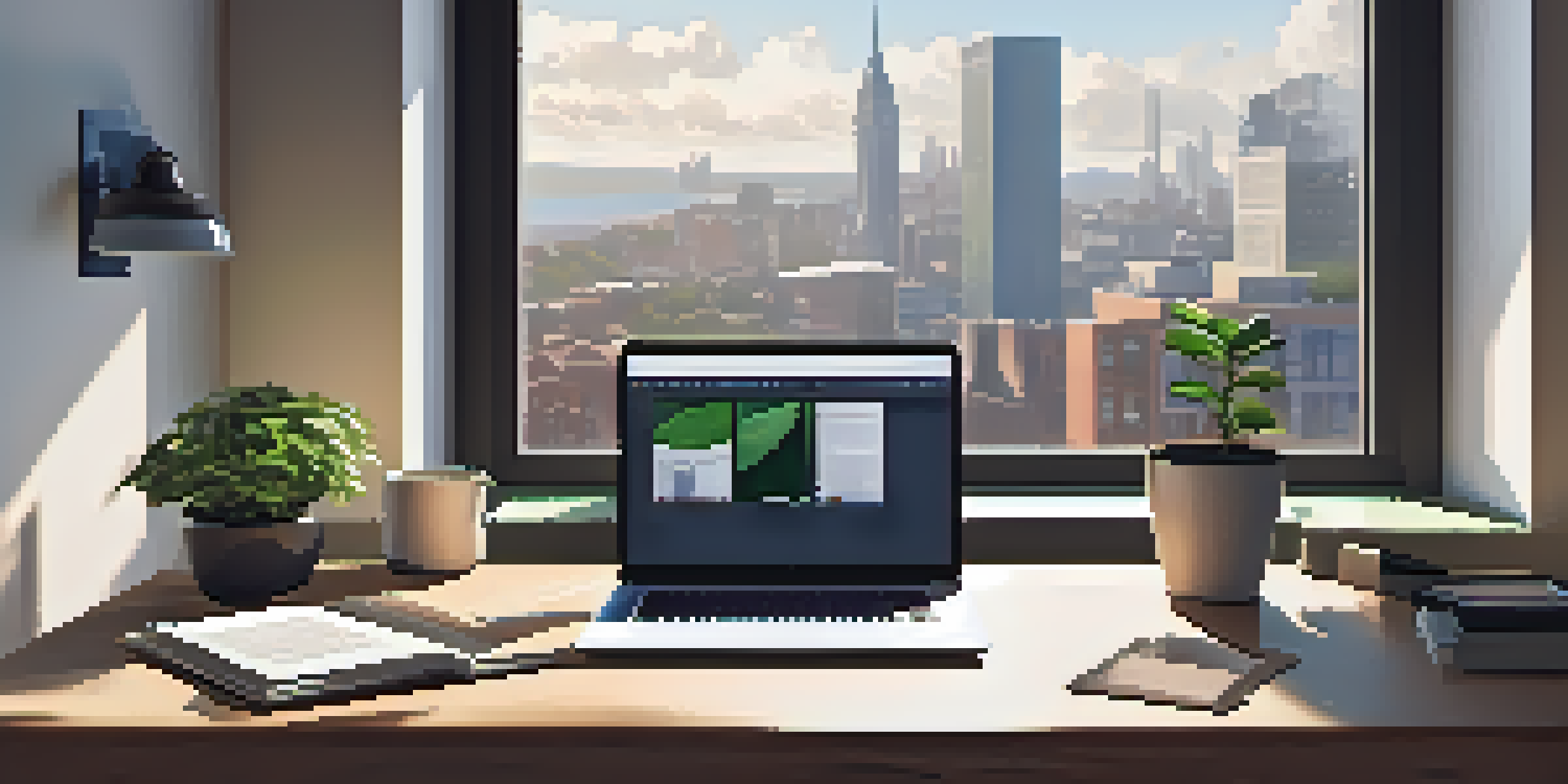 A modern workspace with a laptop, notebooks, coffee cup, and plant, illuminated by natural light.