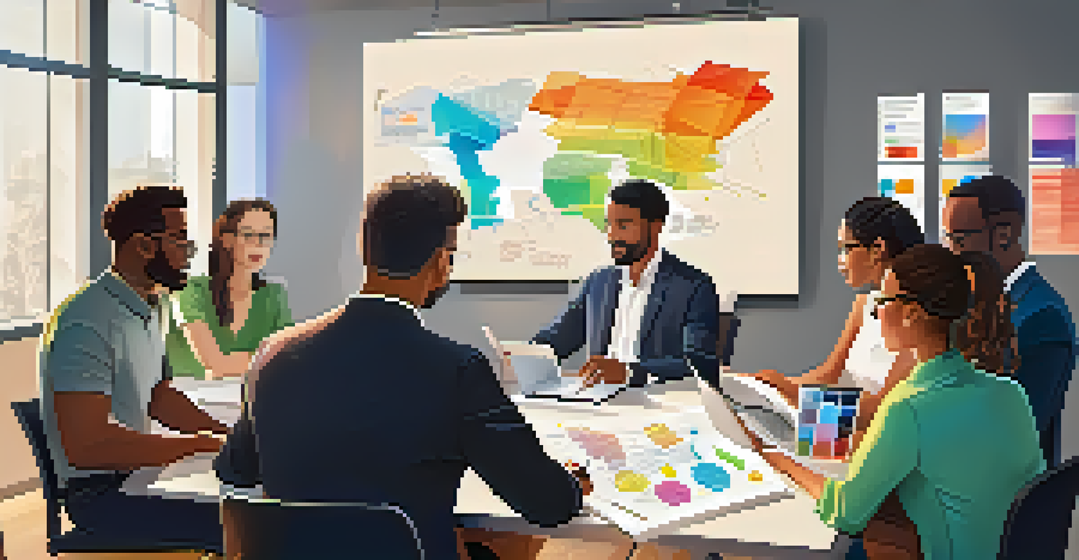 A diverse team in a conference room, discussing strategies with a laptop and digital tablet present.