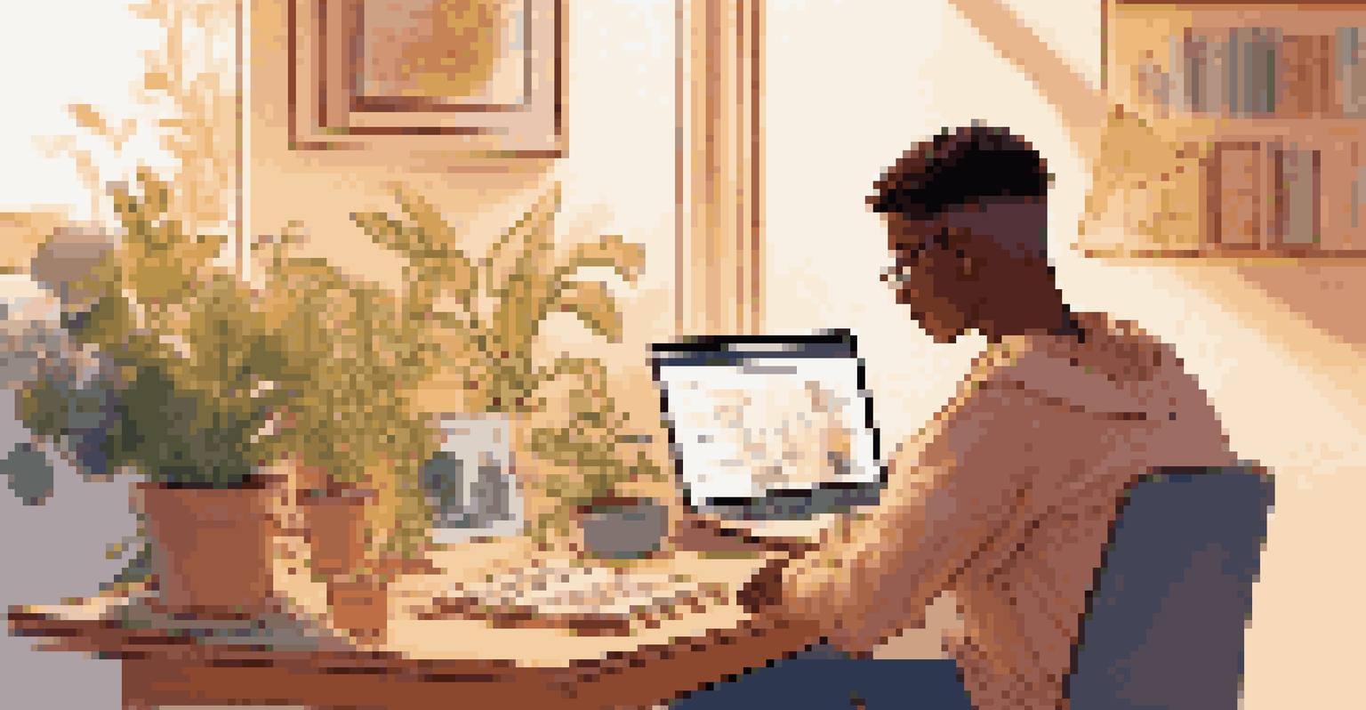 A person at a desk interacting with a laptop displaying a chatbot conversation in a warmly lit room.