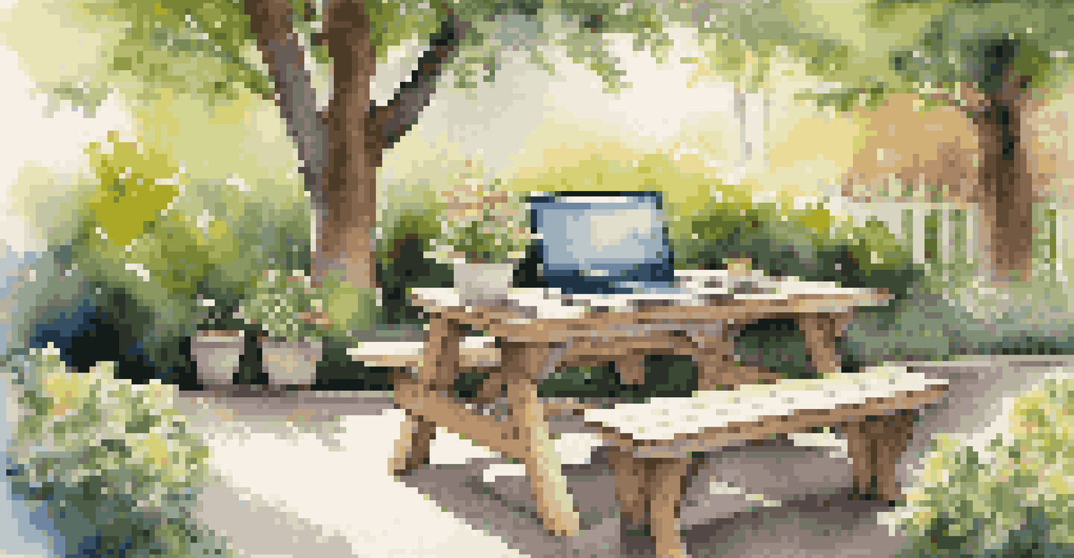 An outdoor workspace with a picnic table, laptop, and notebooks surrounded by a lush garden and blooming flowers.