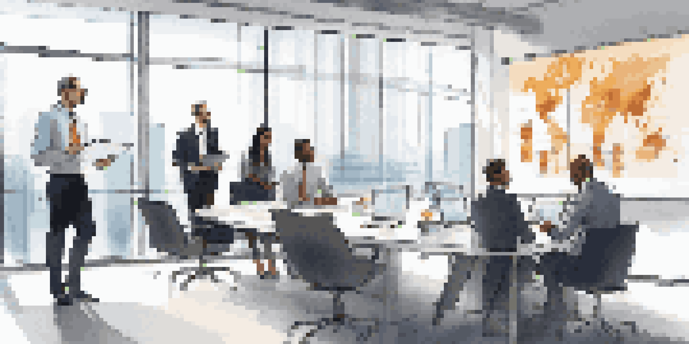 A diverse group of professionals in a bright office discussing compliance strategies with a digital screen displaying charts.