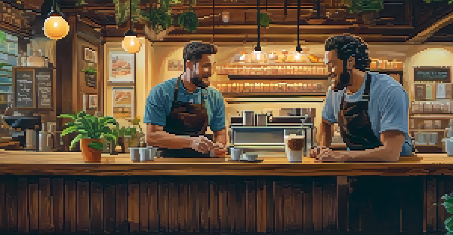 A warm and inviting coffee shop with a barista making latte art, customers chatting, and pastries on display.