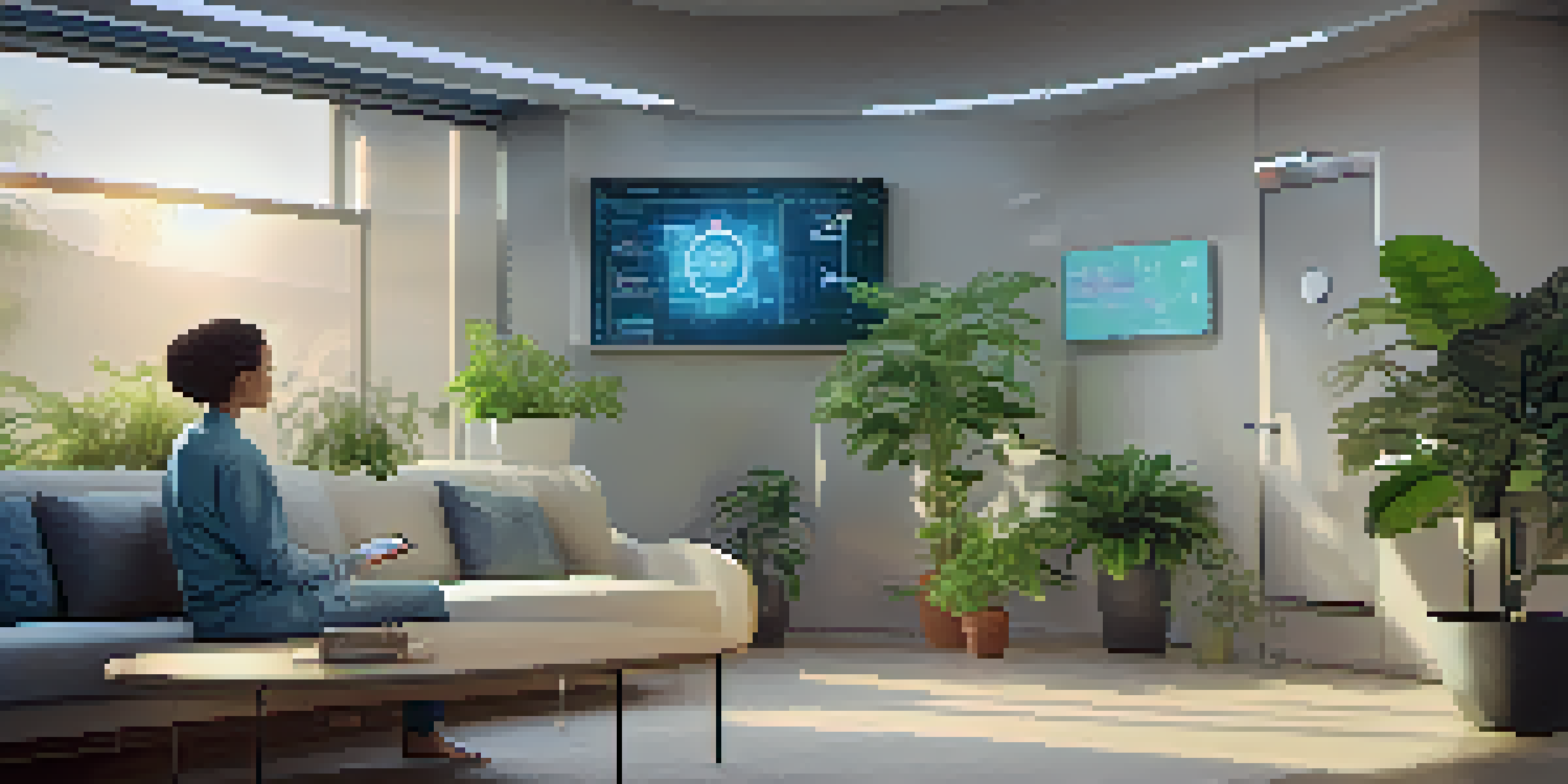 A patient at home wearing a smartwatch, with a digital screen showing health data in a bright, welcoming environment.