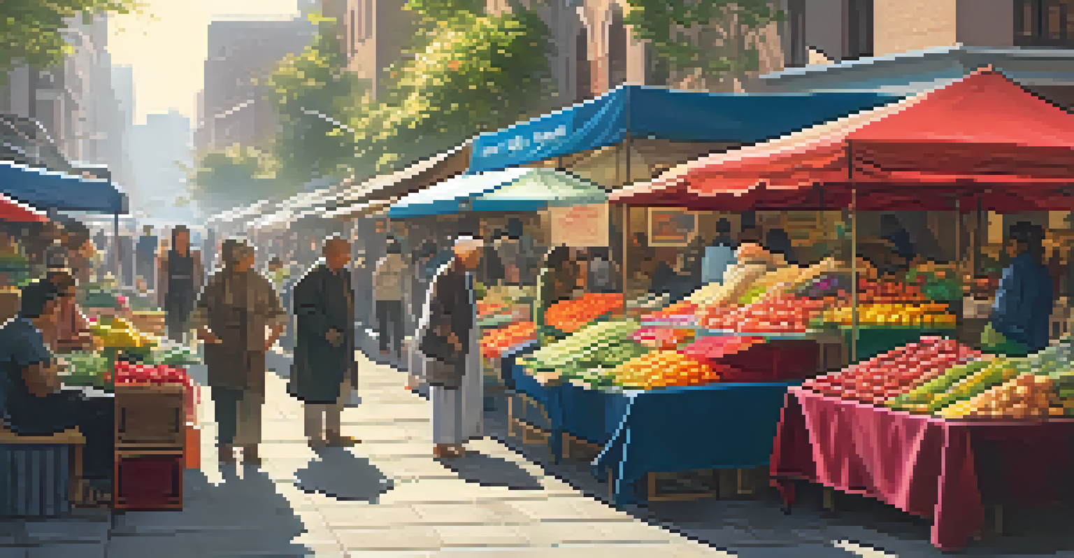 A vibrant street market filled with colorful stalls and people interacting under bright awnings.