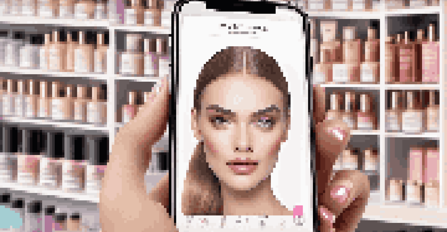 A smartphone screen showing an augmented reality makeup application, highlighting different makeup styles on a model.