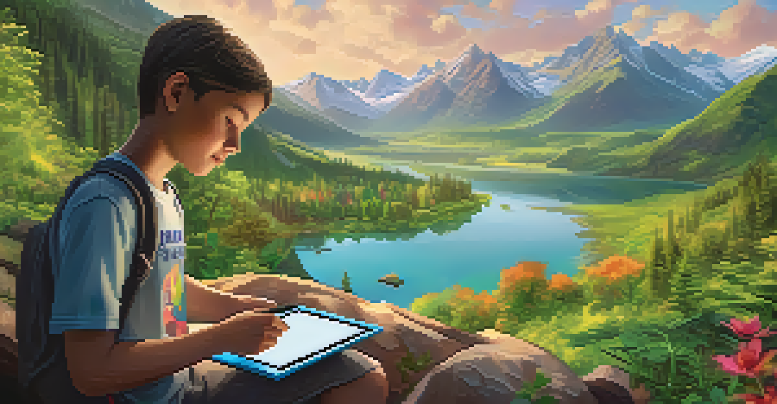 A student playing an educational game on a tablet, set against a colorful landscape illustrating environmental challenges and sustainability.