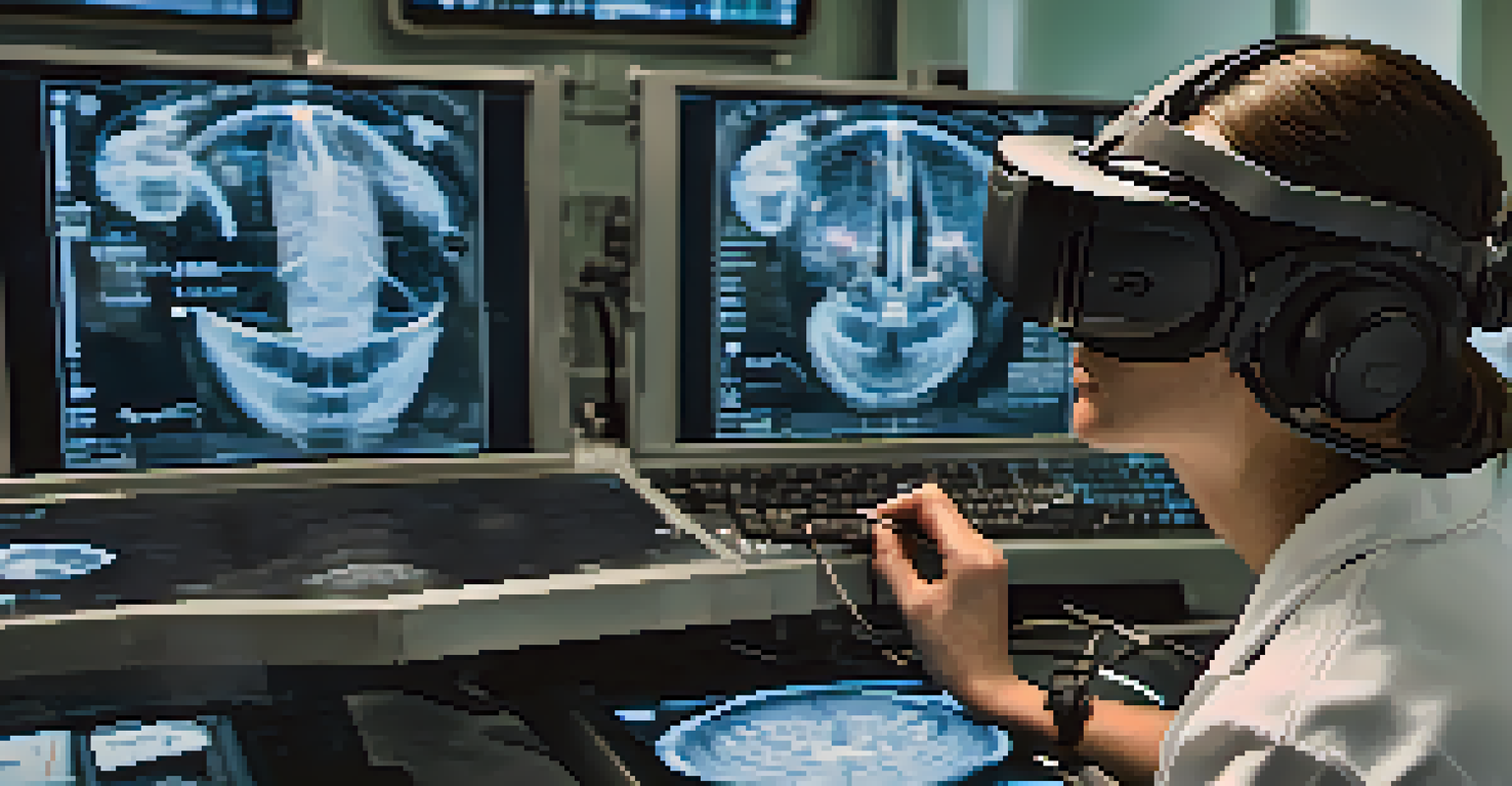 A close-up view of a virtual reality medical simulation interface, highlighting a virtual patient and interactive elements.