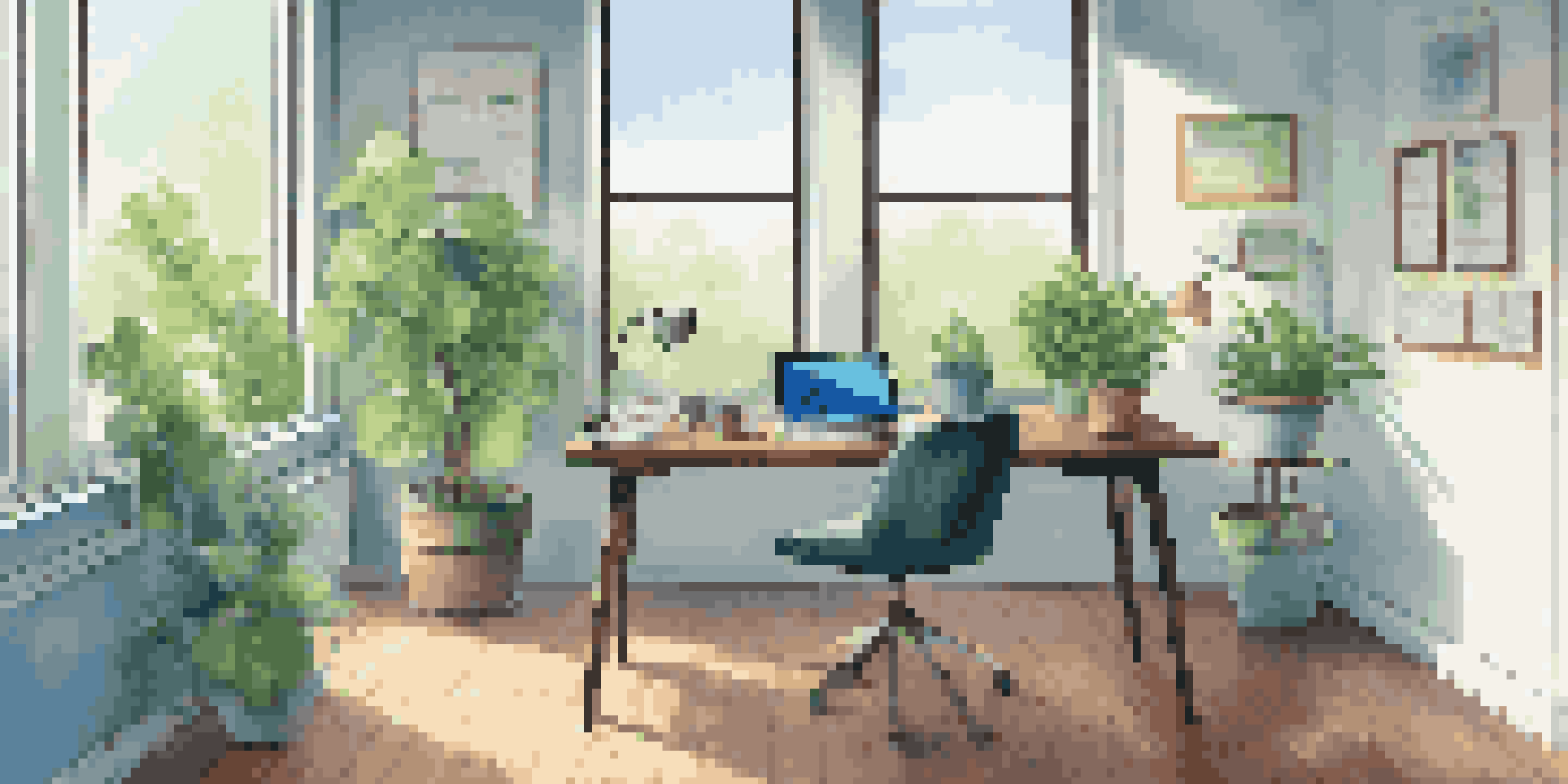 A modern office workspace with a desk, laptop, sticky notes, and a plant, illuminated by natural light from a large window.