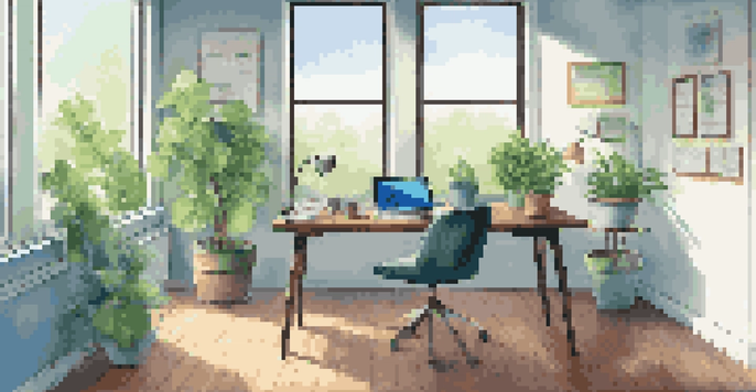 A modern office workspace with a desk, laptop, sticky notes, and a plant, illuminated by natural light from a large window.