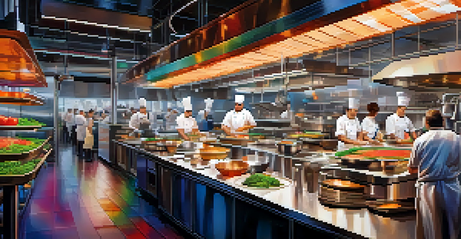 An abstract kitchen scene with chefs preparing dishes only when orders arrive, filled with colorful ingredients and bright lights symbolizing serverless computing.