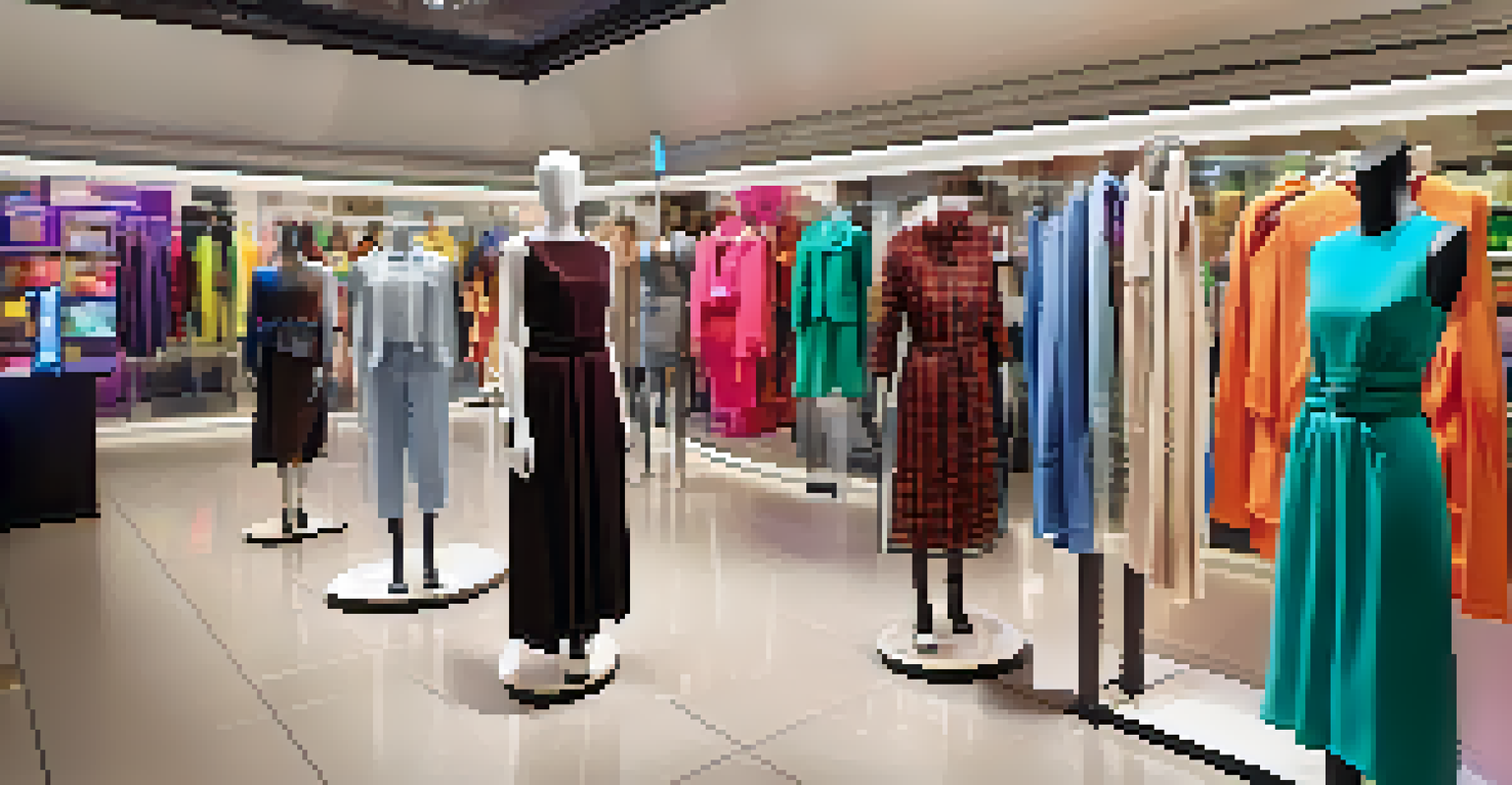 A futuristic retail space featuring digital twins of clothing items on virtual mannequins, with customers interacting with screens.