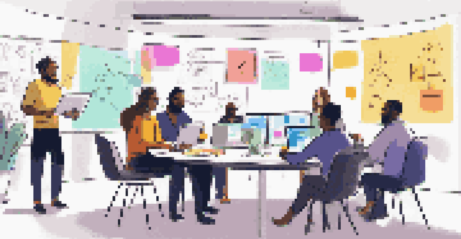 A group of diverse individuals participating in a user testing session, collaborating around a table, with laptops and a screen displaying software feedback in a colorful workspace.
