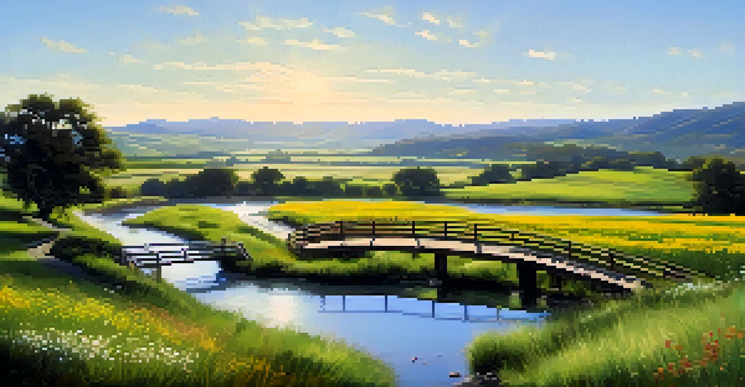 A peaceful landscape with a field of wildflowers, a river, and rolling hills.