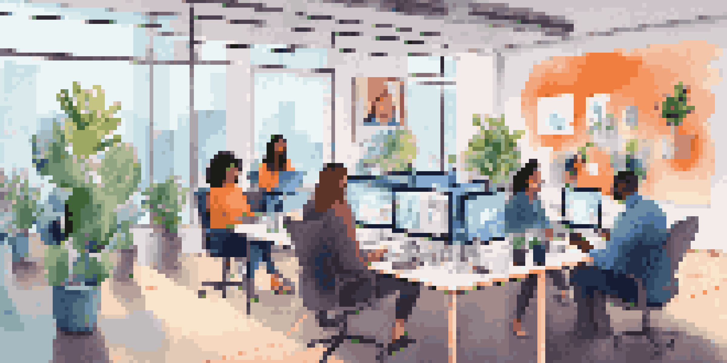 A diverse group of remote workers participating in a video conference, surrounded by their personal workspaces filled with plants and art.