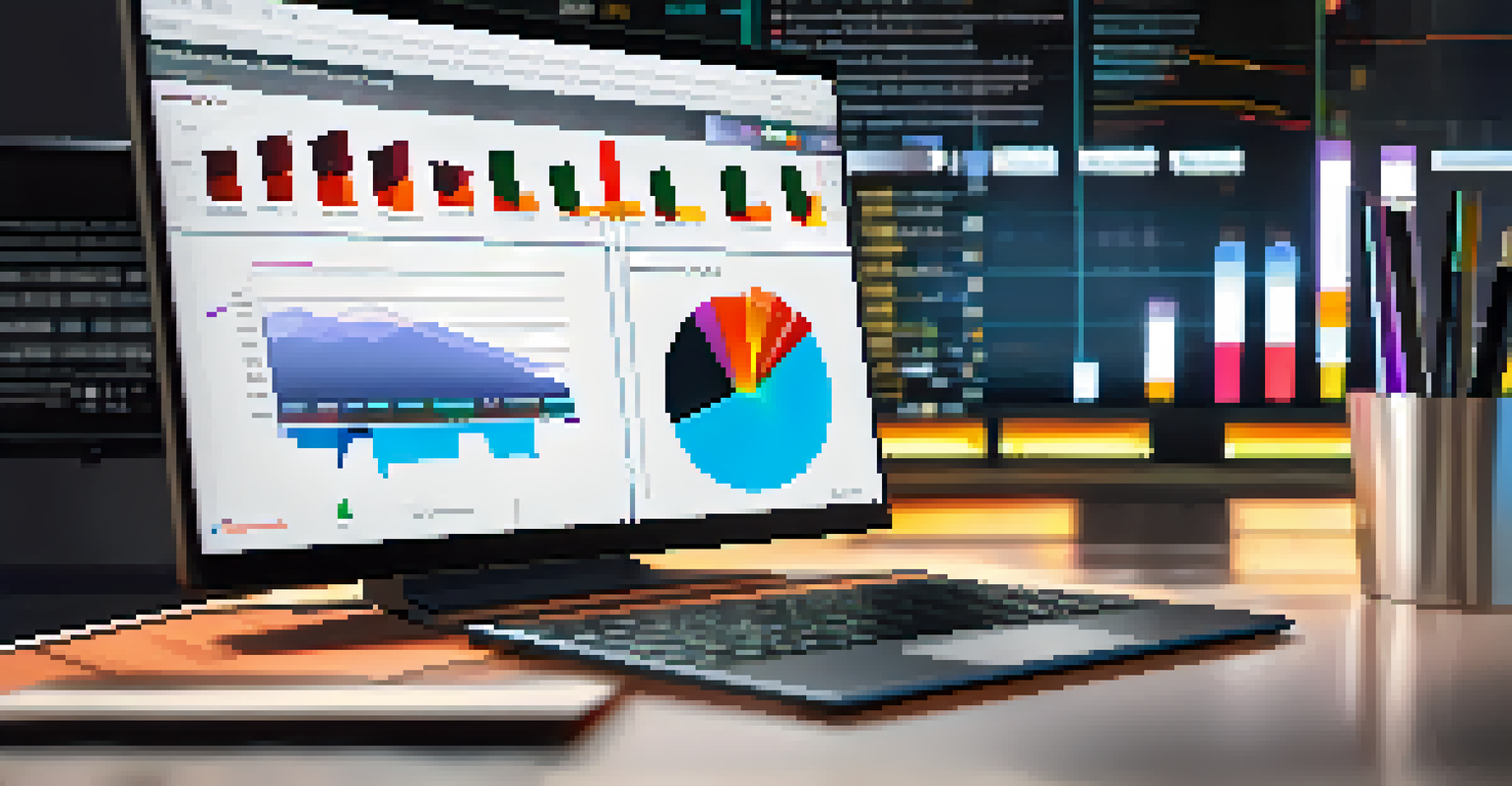 A close-up of a computer screen showing colorful marketing analytics dashboards, with a focused marketer analyzing the data.