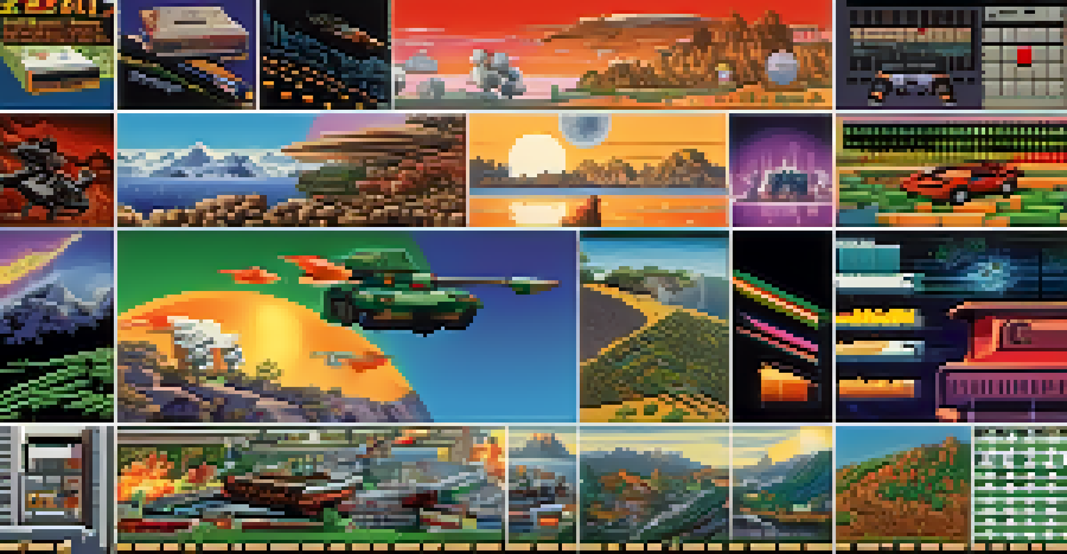 A colorful collage depicting the evolution of graphics engines in gaming, from retro pixel art to modern hyper-realistic environments.