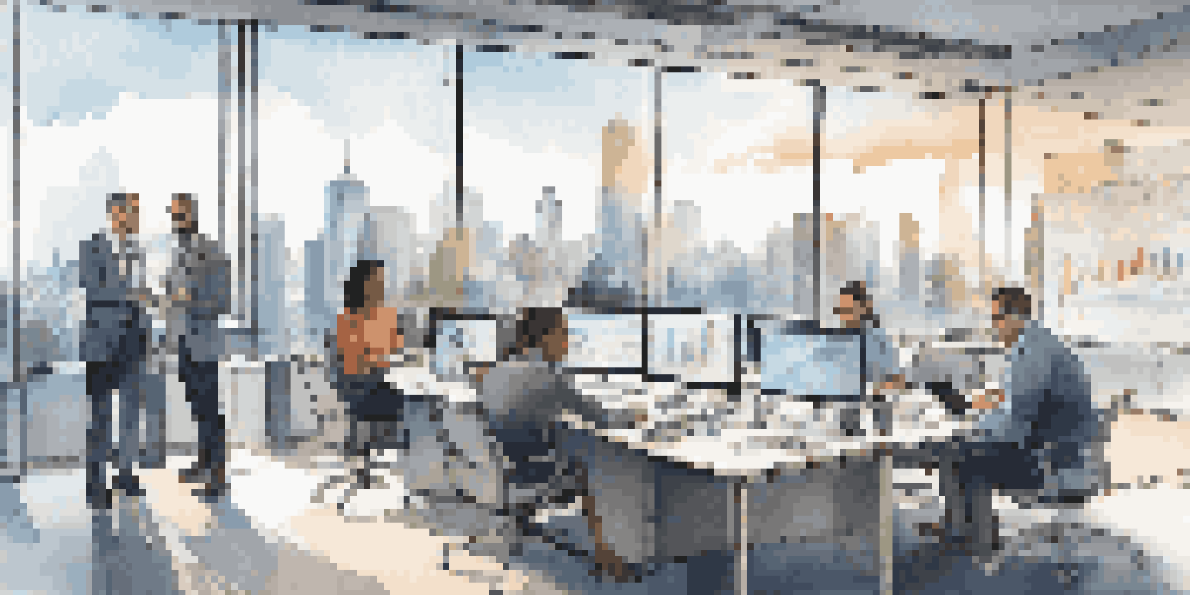 A diverse group of professionals in a modern office discussing cloud security strategies around a conference table with digital devices and a city skyline view.