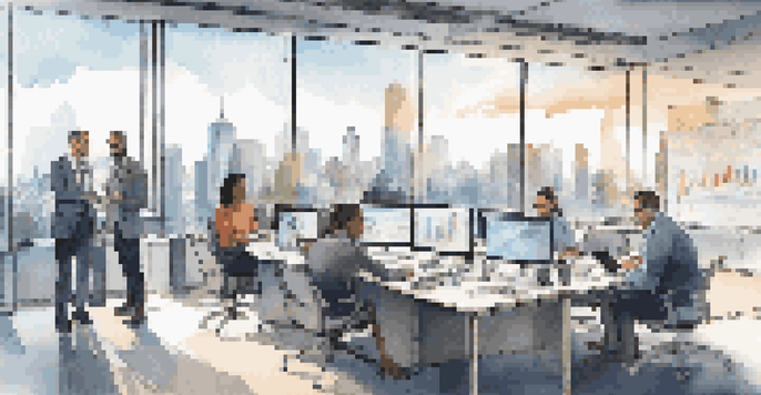 A diverse group of professionals in a modern office discussing cloud security strategies around a conference table with digital devices and a city skyline view.