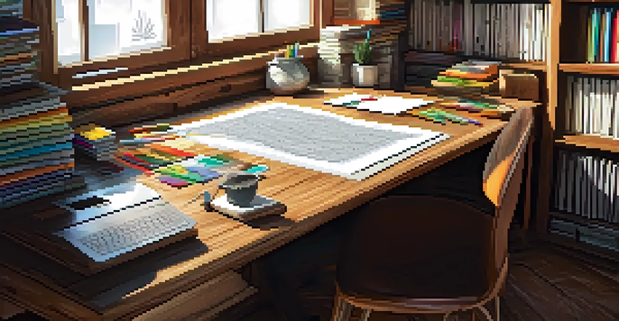 A workspace with various typefaces displayed on paper, a laptop, and colorful pens under natural light.