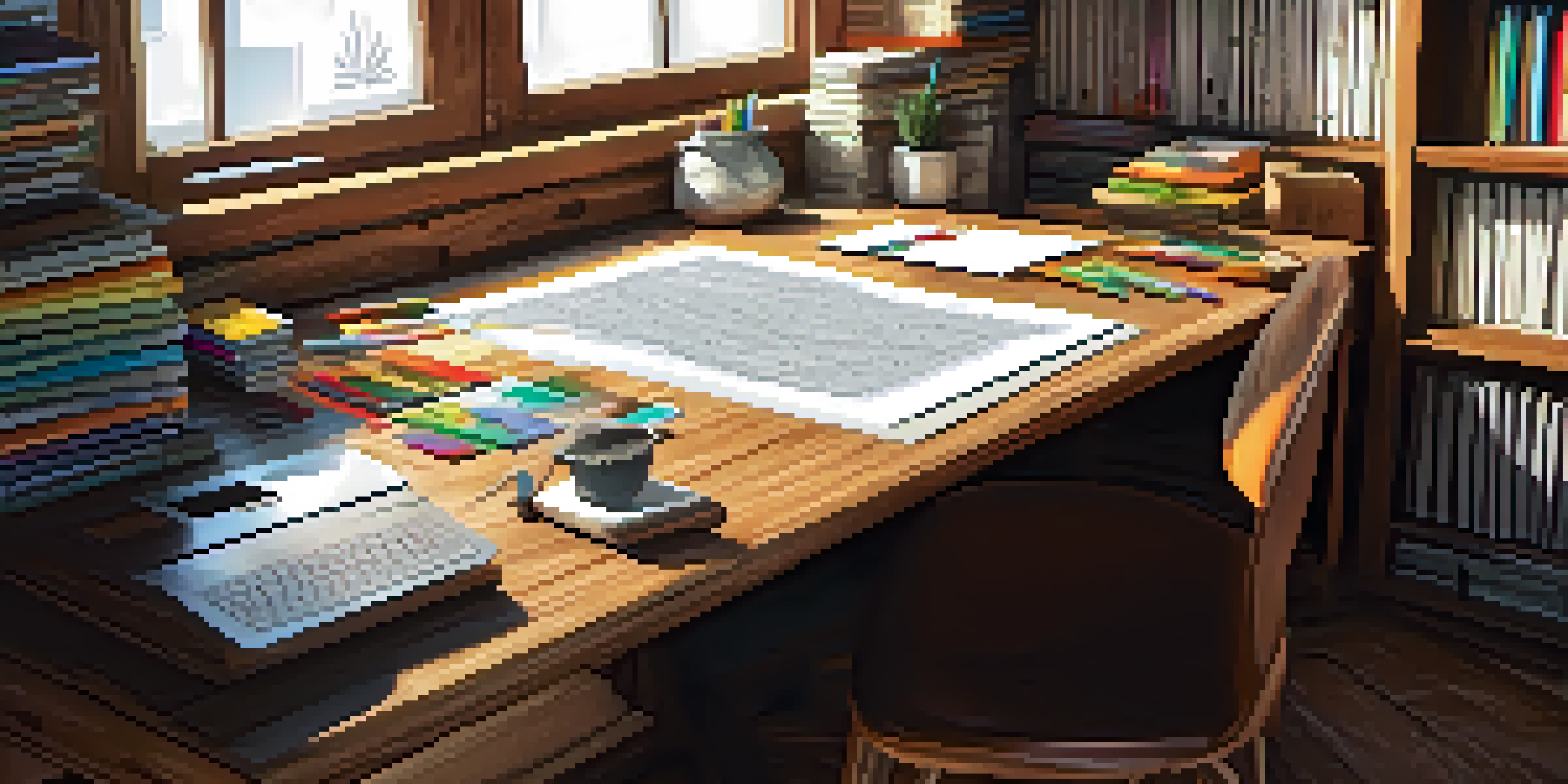 A workspace with various typefaces displayed on paper, a laptop, and colorful pens under natural light.