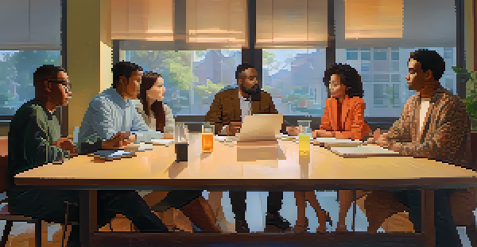 A diverse group of people discussing AI fairness at a table with papers and devices.