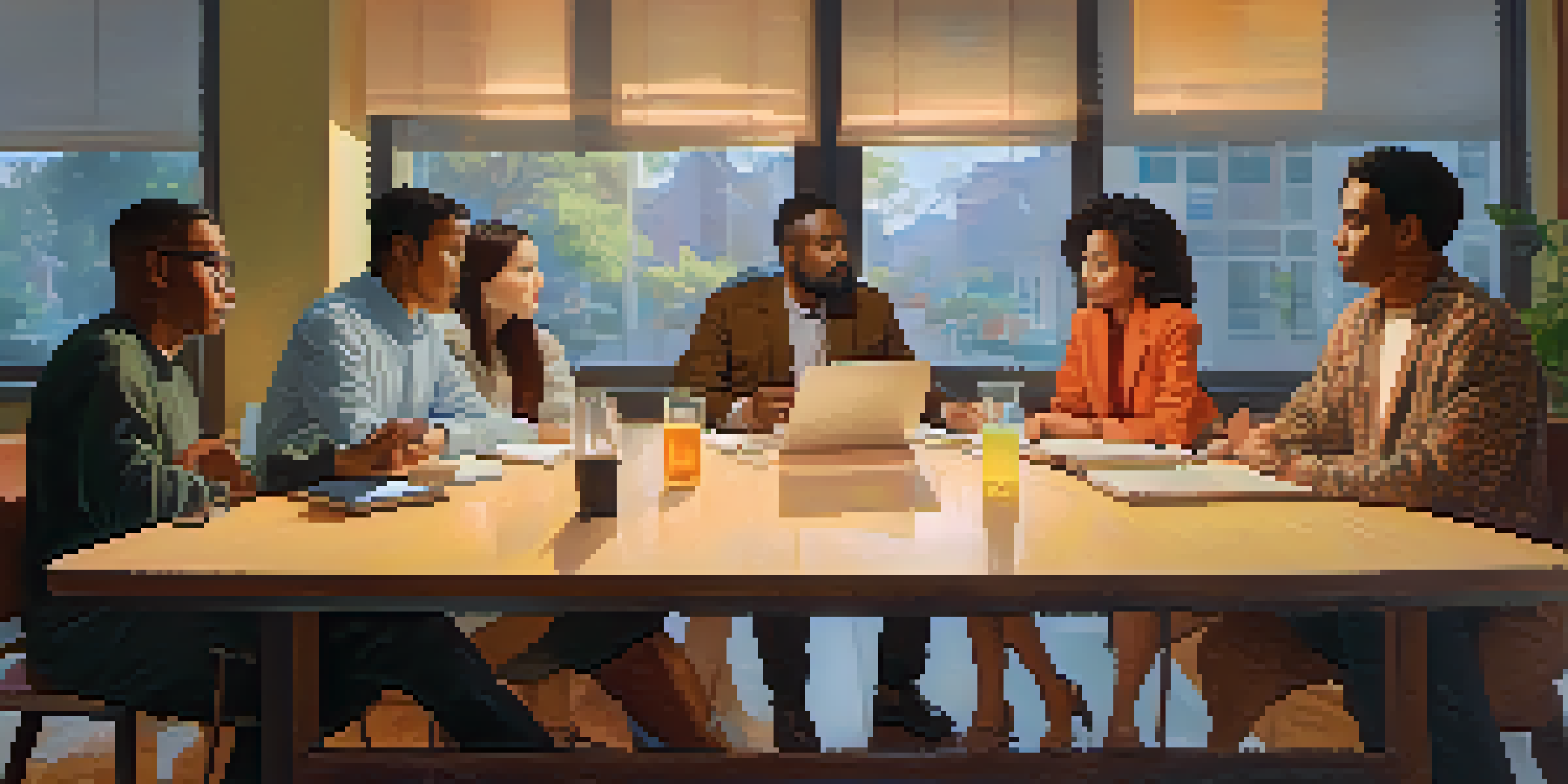 A diverse group of people discussing AI fairness at a table with papers and devices.