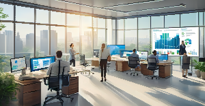 A bright office with diverse professionals discussing data analytics while looking at large screens displaying graphs.