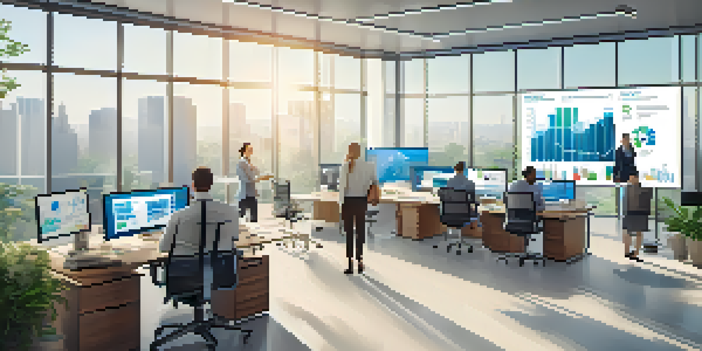 A bright office with diverse professionals discussing data analytics while looking at large screens displaying graphs.