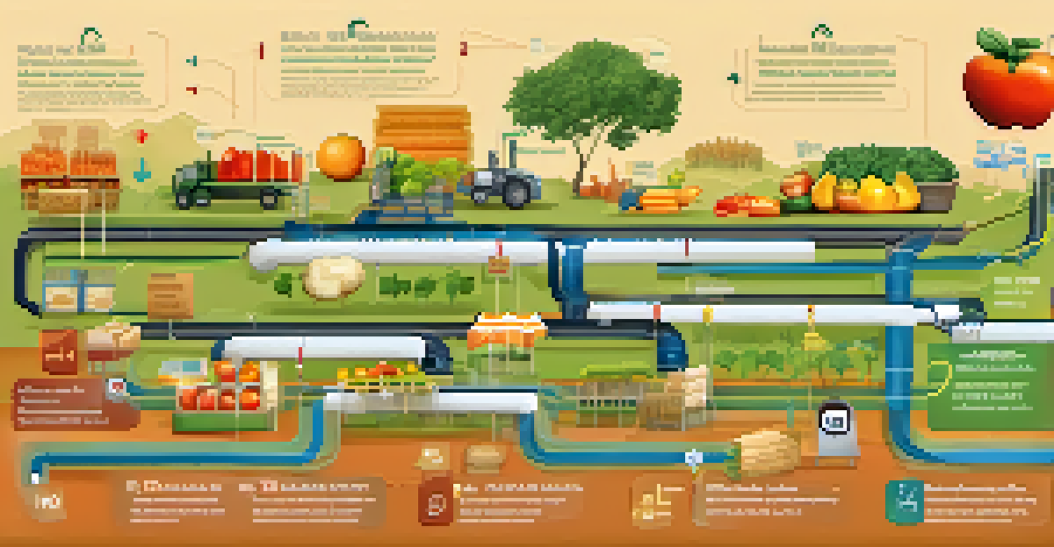 An infographic depicting the supply chain process of organic food, featuring blockchain symbols and various icons.